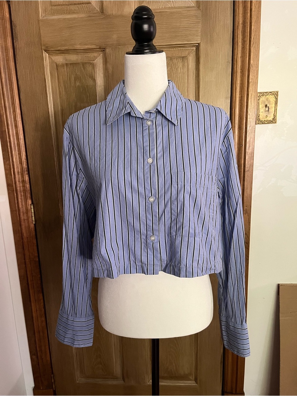 H&M Blue Striped Cropped Long-Sleeve Button Shirt